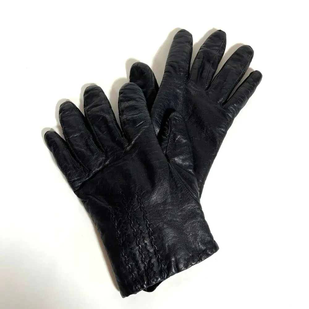 Van Raalte Black Leather Gloves 1980s Vintage Medium Knit Lining Vintage Retro